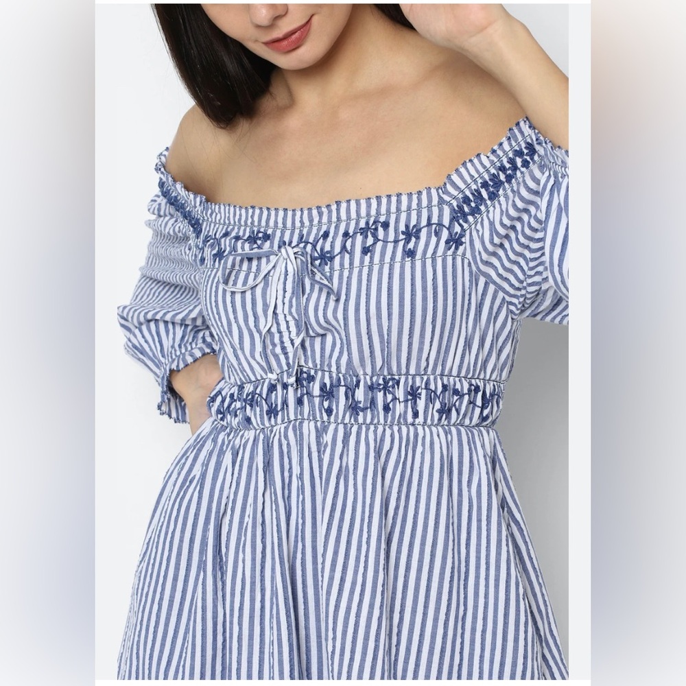 ✨American Eagle Blue and White Striped Cotton Puff Sleeve Embroidered Mini Dress